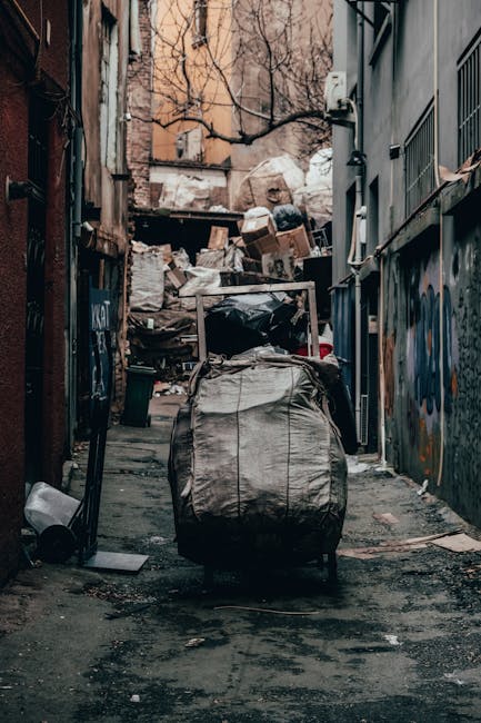A narrow urban alleyway flanked by tall brick and concrete buildings, cluttered with a large pile of discarded cardboard boxes, plastic bags, and miscellaneous rubbish at the far end, indicating a significant accumulation of waste. In the foreground, a large, weathered black rubbish bag with a shiny surface and visible creases is placed on worn asphalt pavement, which shows signs of oil stains, debris, and dirt. To the left, a small black waste bin is partially visible, beside a metal pipe and graffiti-covered wall. On the right, a grey metal security gate and part of a window with bars are seen attached to the building’s exterior. Overhanging tree branches with no leaves stretch across the scene, hinting at an autumn or winter setting. The natural lighting is diffuse, with shadows cast on the uneven surface of the pavement, emphasizing the cluttered environment and the presence of waste typically associated with private or independent rubbish collection scenarios. This scene illustrates urban waste accumulation suitable for professional rubbish removal services such as those provided by Rubbish Removal Paddington, addressing concerns around illegal dumping or improper waste disposal in city areas.