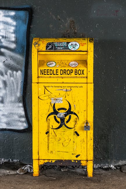 A tall, narrow yellow needle drop box designed for the disposal of used medical needles and sharps, located against a dark grey concrete wall. The front of the box features a bold yellow sign with black text reading 'NEEDLE DROP BOX,' and beneath it, a smaller note thanking the community for safety. The top section of the box displays stickers, including one with a biohazard symbol and the word 'SECURES,' alongside other small decals. The surface of the box shows signs of surface wear, with scratches, graffiti markings, and minor rust at the bottom edges. A padlock secures the right side of the box, emphasizing safety in handling hazardous waste. The ground beneath is a rough paved surface with scattered small debris and a piece of cloth or paper at the base. The scene implies a location associated with medical or community waste management, aligning with independent disposal initiatives handled by services like Rubbish Removal Paddington in their waste removal capabilities, specifically relating to special waste categories such as hazardous biomedical waste.