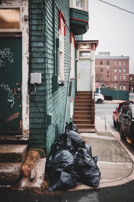 The image shows the exterior of a residential building with a textured green wooden facade, situated on a city street. A white door with a small window and a red and white striped awning is accessed by a short set of wooden stairs. Near the building's base, several black plastic rubbish bags are stacked against the wall, indicating waste ready for collection. To the left, part of a weathered, graffiti-covered metal door is visible, along with concrete steps leading up to it. The surrounding environment includes an asphalt sidewalk and parked vehicles, with one dark-colored car visible on the right. In the background, multi-storey brick buildings and street infrastructure such as electrical wires can be seen under overcast sky lighting, contributing to an urban atmosphere aligned with private waste removal services like those provided by Rubbish Removal Paddington. The scene emphasizes an on-site waste disposal and rubbish collection process typical of independent rubbish removal arrangements.